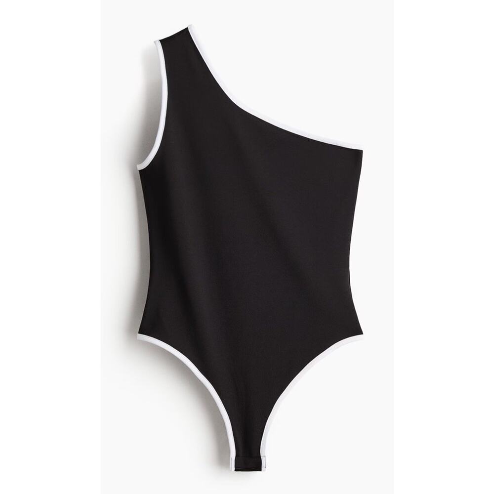 H&M One-Shoulder Thong Bodysuit Black White XS Stretch Sleeveless Snap Closure